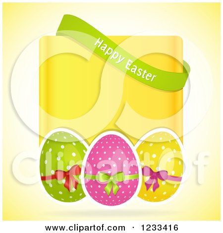 Clipart of a Happy Easter Banner over a Yellow Panel and Eggs - Royalty Free Vector Illustration by elaineitalia