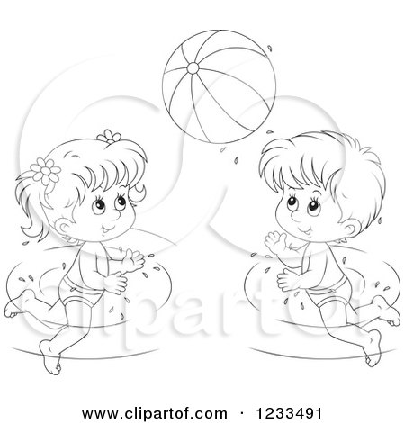 Clipart of Happy Outlined Children Playing with a Beach Ball in a Swimming Pool - Royalty Free Vector Illustration by Alex Bannykh