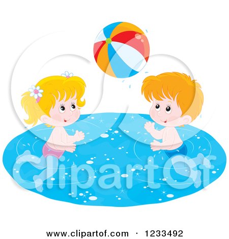 Clipart of Happy White Children Playing with a Beach Ball in a Swimming Pool - Royalty Free Vector Illustration by Alex Bannykh