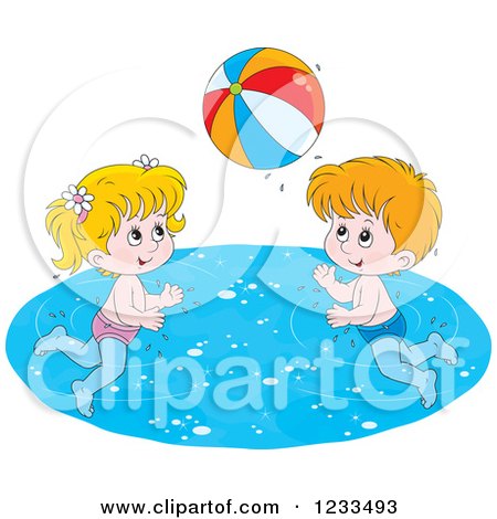 Clipart of Happy Caucasian Children Playing with a Beach Ball in a Swimming Pool - Royalty Free Vector Illustration by Alex Bannykh