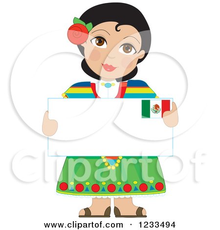 Clipart of a Traditionally Dressed Mexican Girl Holding a Sign - Royalty Free Vector Illustration by Maria Bell