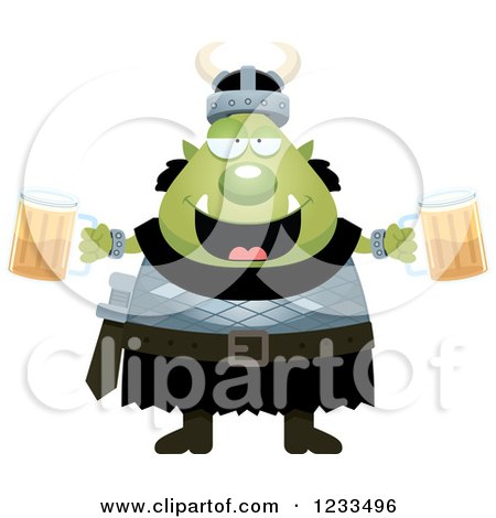 Clipart of a Drunk Male Orc Holding Beers - Royalty Free Vector Illustration by Cory Thoman