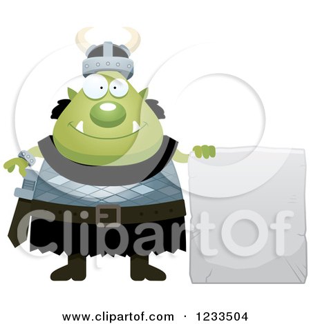 Clipart of a Happy Male Orc with a Stone Sign - Royalty Free Vector Illustration by Cory Thoman