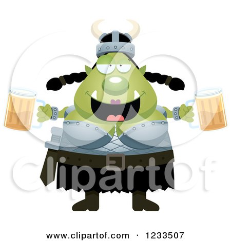 Clipart of a Drunk Female Orc Holding Beers - Royalty Free Vector Illustration by Cory Thoman