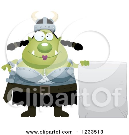 Clipart of a Happy Female Orc with a Stone Sign - Royalty Free Vector Illustration by Cory Thoman