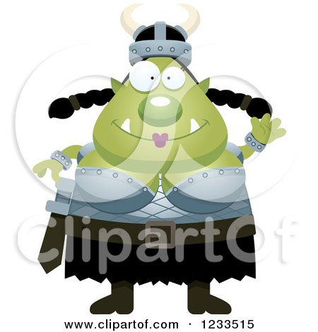Clipart of a Friendly Waving Female Orc - Royalty Free Vector Illustration by Cory Thoman