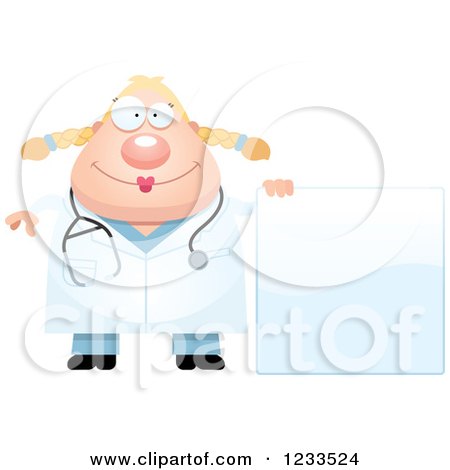 Clipart of a Happy Surgeon Doctor or Veterinarian Lady with a Sign - Royalty Free Vector Illustration by Cory Thoman