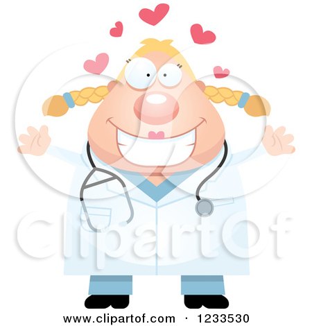 Clipart of a Surgeon Doctor or Veterinarian Lady with Open Arms and Hearts - Royalty Free Vector Illustration by Cory Thoman