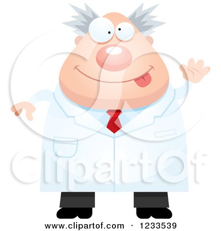 Clipart of a Waving Friendly Mad Male Scientist - Royalty Free Vector Illustration by Cory Thoman