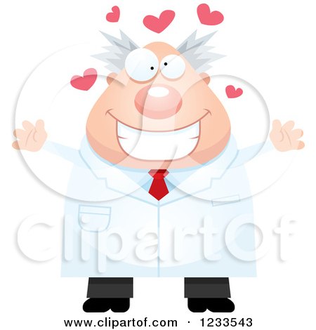 Clipart of a Male Scientist with Open Arms and Hearts - Royalty Free Vector Illustration by Cory Thoman