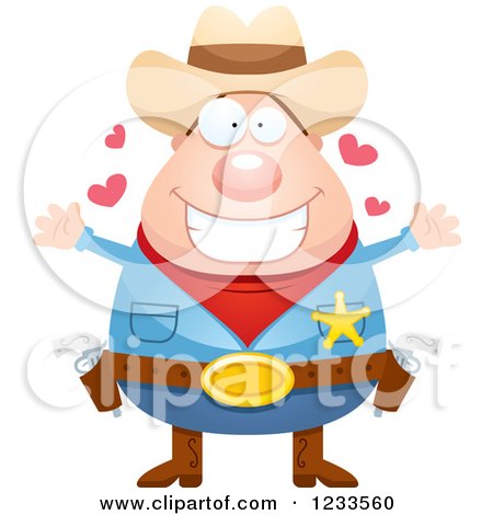 Clipart of a Sheriff Cowboy with Open Arms and Hearts - Royalty Free Vector Illustration by Cory Thoman