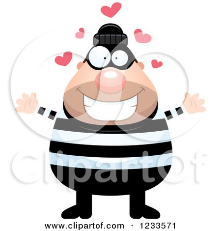 Clipart of a Robber Burglar Guy with Open Arms and Hearts - Royalty Free Vector Illustration by Cory Thoman