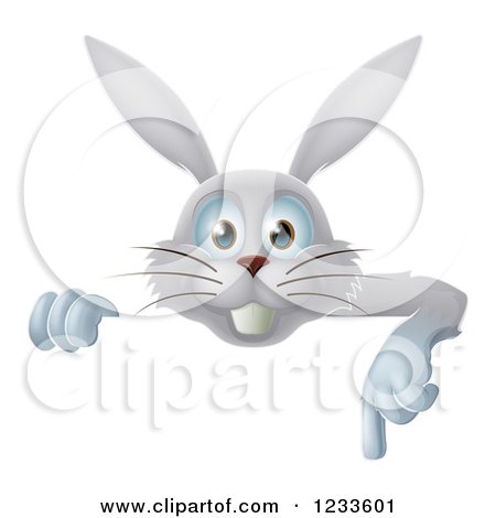 Clipart of a Happy Gray Bunny Rabbit Pointing down over a Sign - Royalty Free Vector Illustration by AtStockIllustration