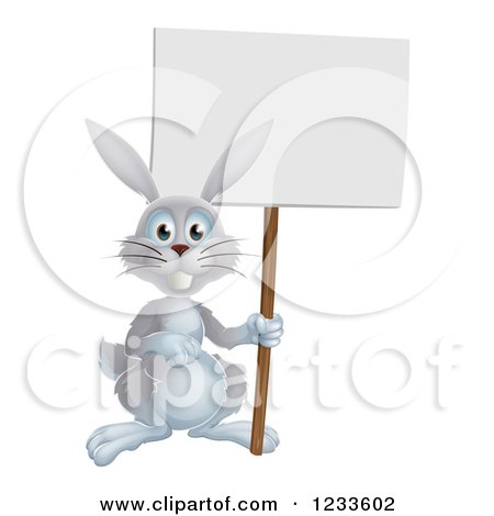 Clipart of a Gray Rabbit Holding a Sign - Royalty Free Vector Illustration by AtStockIllustration