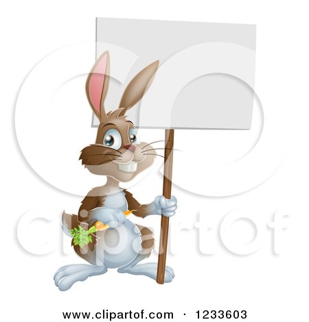 Clipart of a Happy Brown Bunny Rabbit with a Carrot, Holding a Blank Sign - Royalty Free Vector Illustration by AtStockIllustration
