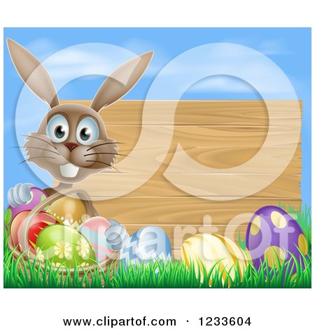 Clipart of a Brown Bunny Rabbit with a Basket and Easter Eggs by a Wooden Sign Under a Blue Sky - Royalty Free Vector Illustration by AtStockIllustration