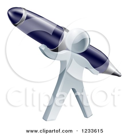 Clipart of a 3d Silver Man Holding up a Pen - Royalty Free Vector Illustration by AtStockIllustration