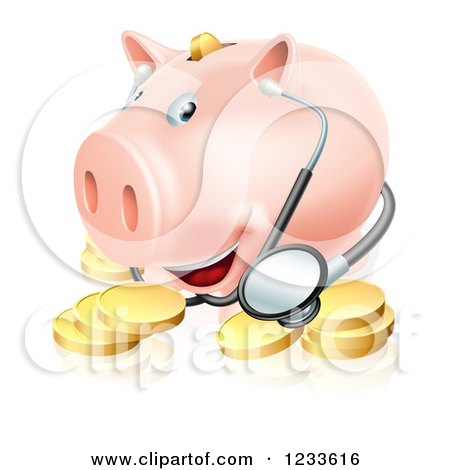 Clipart of a Health Care Piggy Bank with a Stethoscope and Gold Coins - Royalty Free Vector Illustration by AtStockIllustration