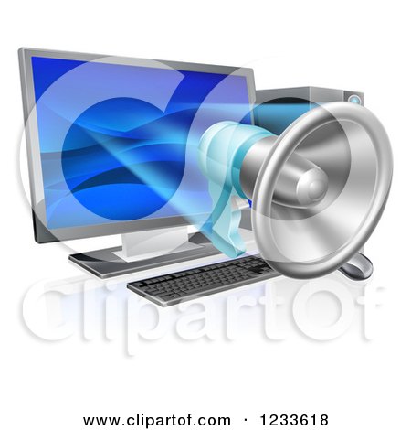 Clipart of a 3d Megaphone Emerging from a Desktop Computer - Royalty Free Vector Illustration by AtStockIllustration