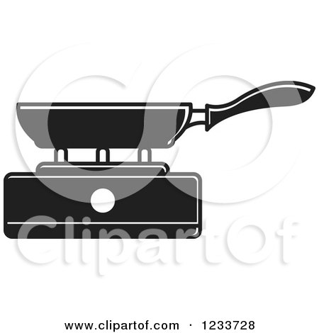 Clipart of a Black and White Pan on a Burner 2 - Royalty Free Vector Illustration by Lal Perera