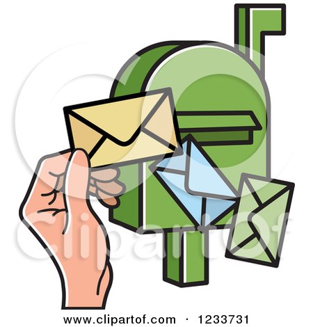Clipart of a Green Mailbox with a Hand and Envelopes - Royalty Free Vector Illustration by Lal Perera