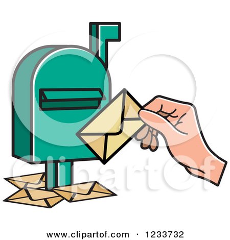 Clipart of a Green Mailbox with a Hand and Envelopes 2 - Royalty Free Vector Illustration by Lal Perera