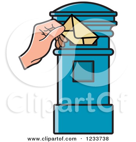 Clipart of a Hand Inserting an Envelope in a Blue Post Box - Royalty Free Vector Illustration by Lal Perera