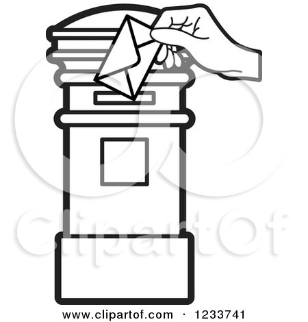 Clipart of a Black and White Hand Inserting an Envelope in a Blue Post Box - Royalty Free Vector Illustration by Lal Perera