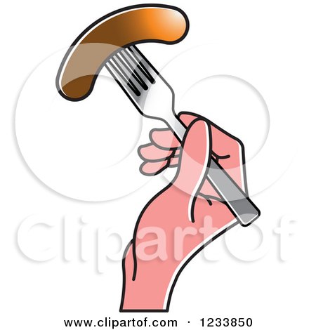 Clipart of a Hand Holding a Sausage on a Fork - Royalty Free Vector Illustration by Lal Perera