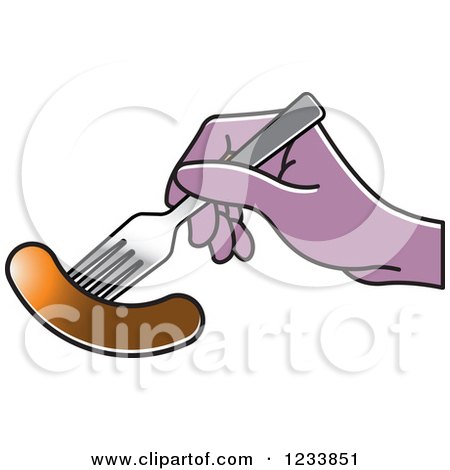 Clipart of a Purple Hand Holding a Sausage on a Fork - Royalty Free Vector Illustration by Lal Perera