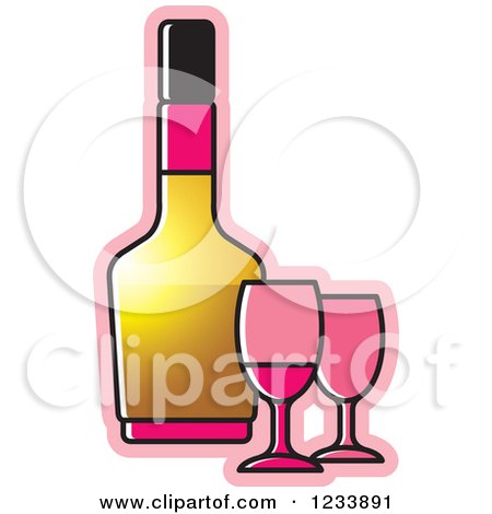 Clipart of a Bottle and Pink Wine Glasses - Royalty Free Vector Illustration by Lal Perera