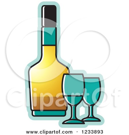 Clipart of a Bottle and Turquoise Wine Glasses - Royalty Free Vector Illustration by Lal Perera