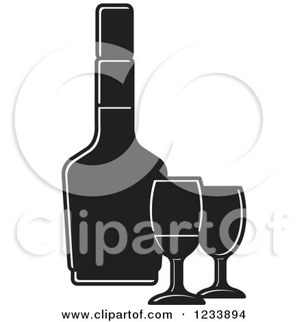 Clipart of a Black and White Bottle and Wine Glasses 2 - Royalty Free Vector Illustration by Lal Perera