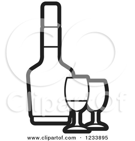Clipart of a Black and White Bottle and Wine Glasses - Royalty Free Vector Illustration by Lal Perera