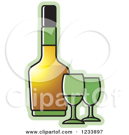 Clipart of a Bottle and Green Wine Glasses - Royalty Free Vector Illustration by Lal Perera