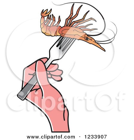 Clipart of a Hand Holding a Prawn on a Fork - Royalty Free Vector Illustration by Lal Perera