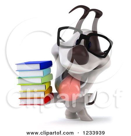 Clipart of a 3d Bespectacled Jack Russell Terrier Dog with a Stack of Books - Royalty Free CGI Illustration by Julos