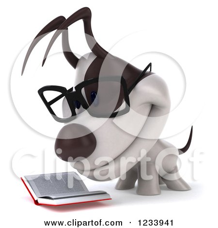 Clipart of a 3d Bespectacled Jack Russell Terrier Dog Reading 2 - Royalty Free CGI Illustration by Julos