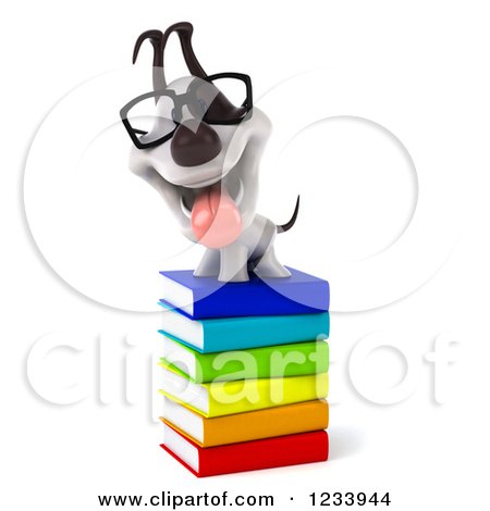 Clipart of a 3d Bespectacled Jack Russell Terrier Dog on a Stack of Books - Royalty Free CGI Illustration by Julos