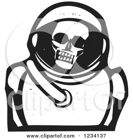 Clipart of a Woodcut Skull in an Astronaut Space Suit, in Black and White - Royalty Free Vector Illustration by xunantunich
