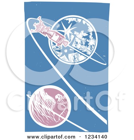 Clipart of a Woodcut Apollo Orbiting the Moon and Earth - Royalty Free Vector Illustration by xunantunich