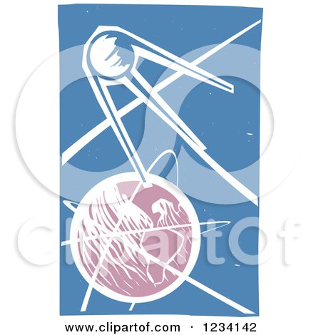 Clipart of a Woodcut Sputnik Satellite and Earth - Royalty Free Vector Illustration by xunantunich