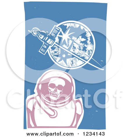 Clipart of a Woodcut Soyuz Satellite Astronaut Skeleton and Moon - Royalty Free Vector Illustration by xunantunich
