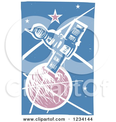 Clipart of a Woodcut Soyuz Satellite Around Earth - Royalty Free Vector Illustration by xunantunich