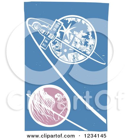 Clipart of a Woodcut Soyuz Satellite Around the Moon and Earth - Royalty Free Vector Illustration by xunantunich