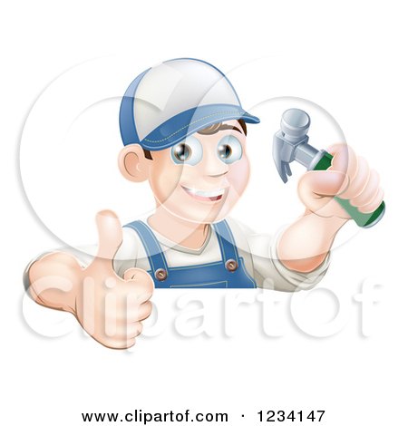 Clipart of a Happy Carpenter Man Holding a Thumb up and Hammer over a Sign - Royalty Free Vector Illustration by AtStockIllustration