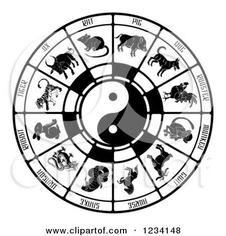 Clipart of a Black and White Chinese Zodiac and Yin Yang - Royalty Free Vector Illustration by AtStockIllustration