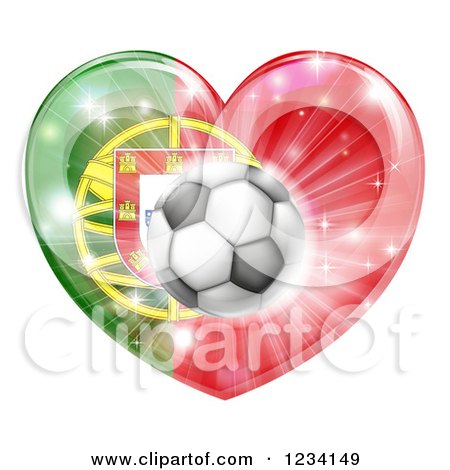 Clipart of a 3d Reflective Portugal Flag Heart and Soccer Ball - Royalty Free Vector Illustration by AtStockIllustration