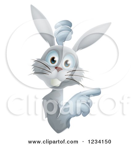 Clipart of a Gray Bunny Rabbit Looking Around and Pointing to a Sign - Royalty Free Vector Illustration by AtStockIllustration