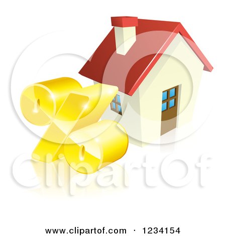 Clipart of a 3d Golden Percent Symbol by a House - Royalty Free Vector Illustration by AtStockIllustration